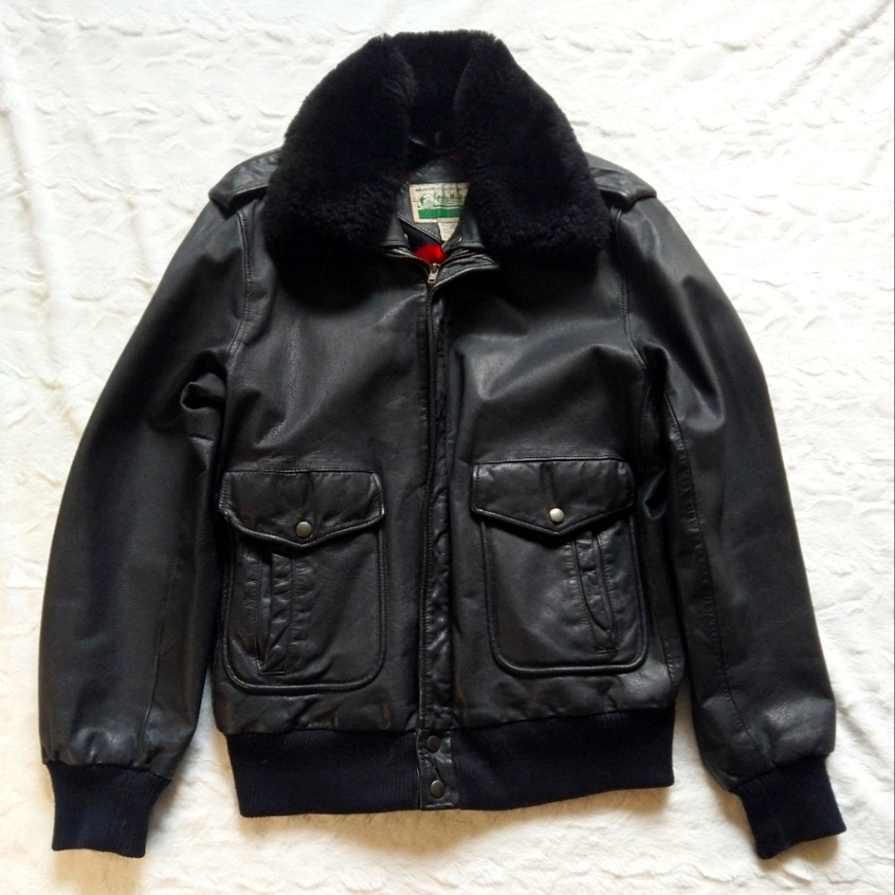 Vintage Gander Mountain Goat Skin Leather Flight Jacket with Faux Fur Collar.